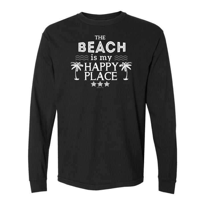 Black Long Sleeve T-Shirt with Graphic and Text reading "The Beach Is My Happy Place".