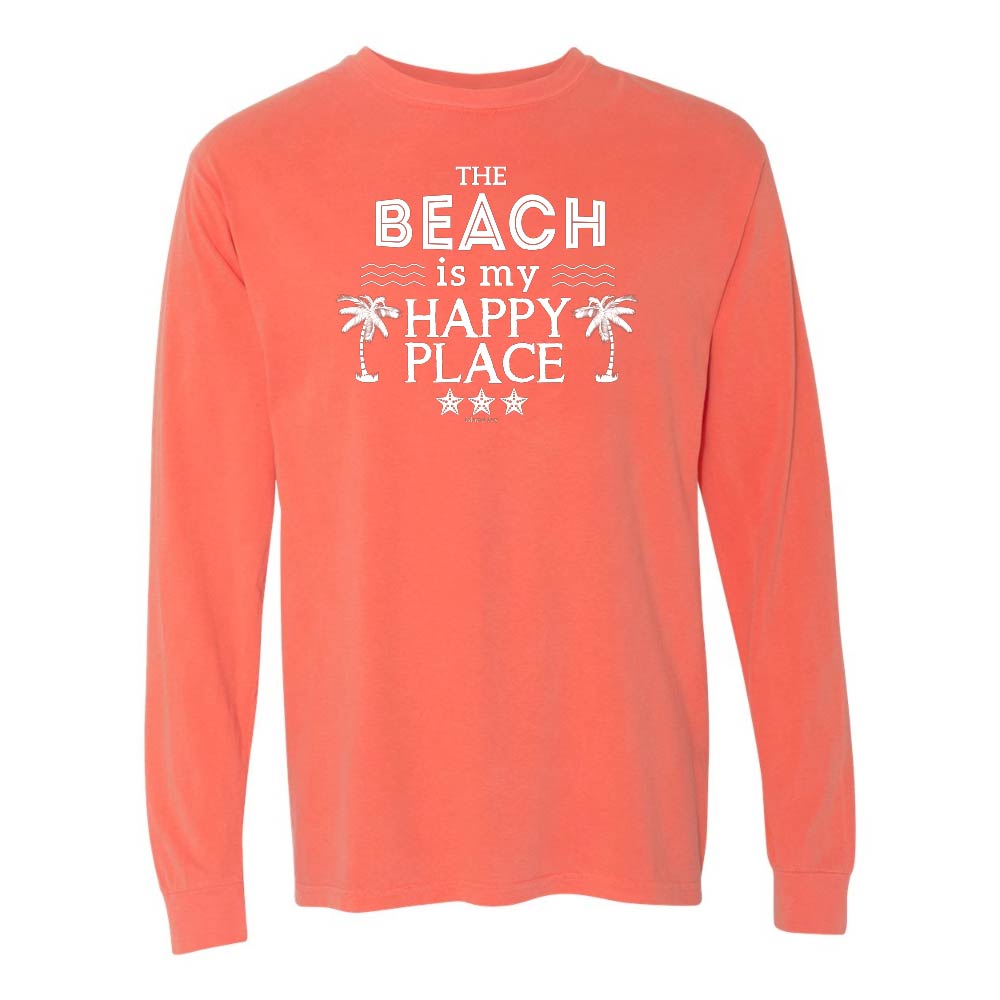 Light Orange/red Long Sleeve T-Shirt with Graphic and Text reading "The Beach Is My Happy Place".