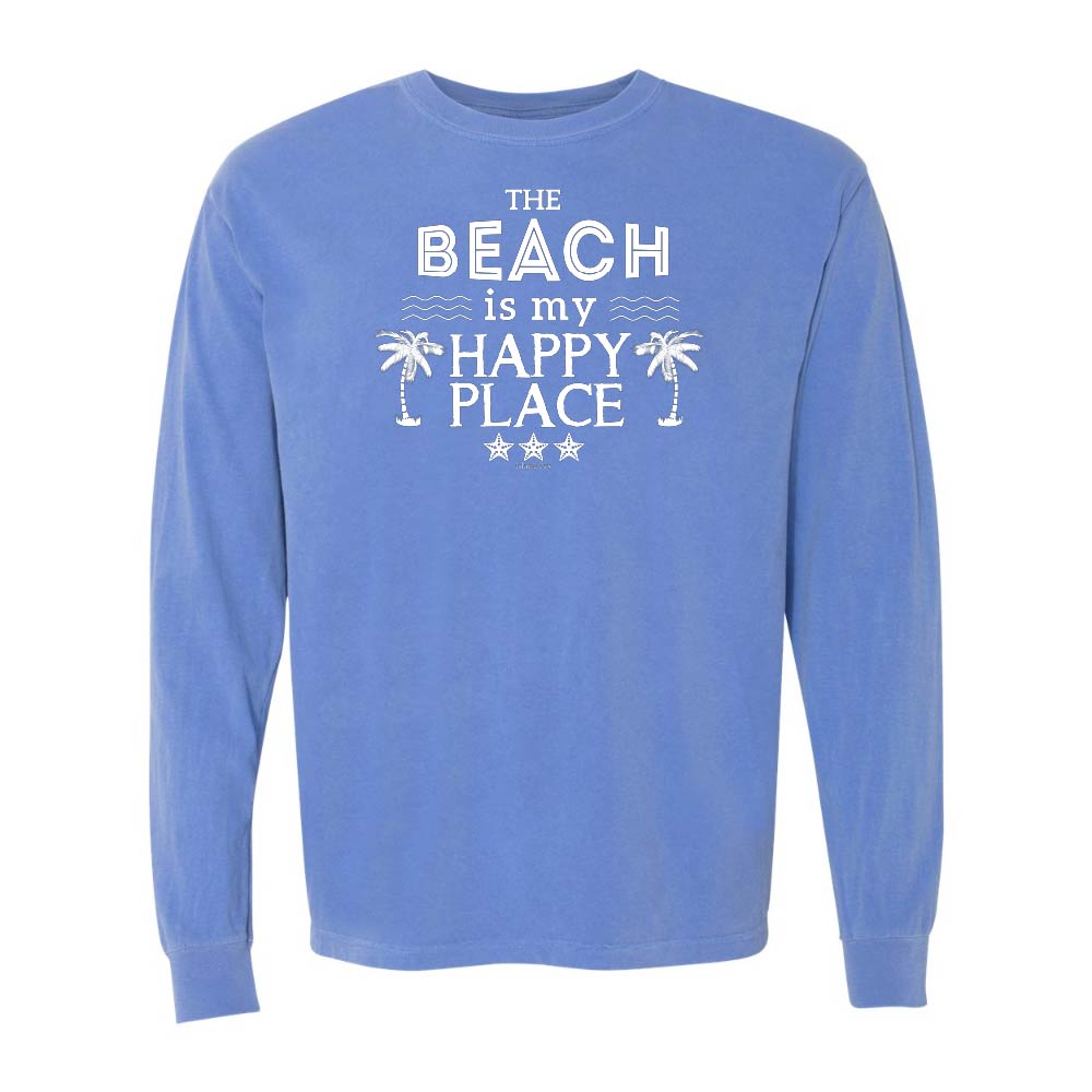 Blue Long Sleeve T-Shirt with Graphic and Text reading "The Beach Is My Happy Place".