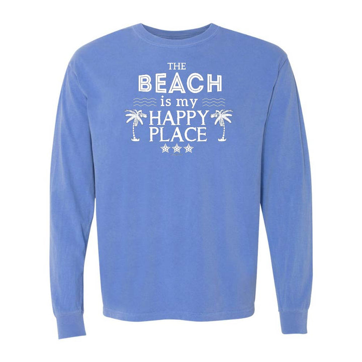 Blue Long Sleeve T-Shirt with Graphic and Text reading "The Beach Is My Happy Place".
