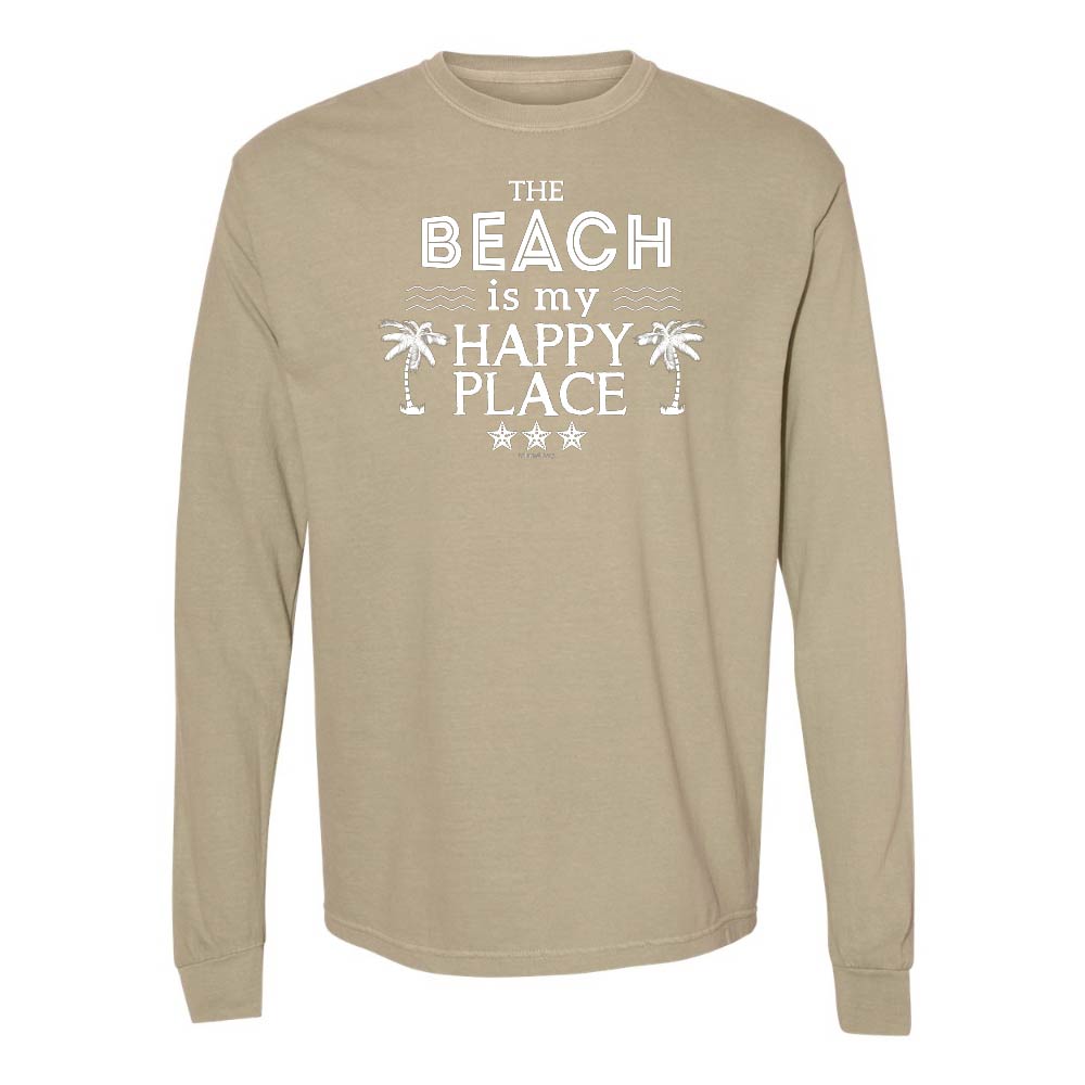 Khaki Long Sleeve T-Shirt with Graphic and Text reading "The Beach Is My Happy Place".