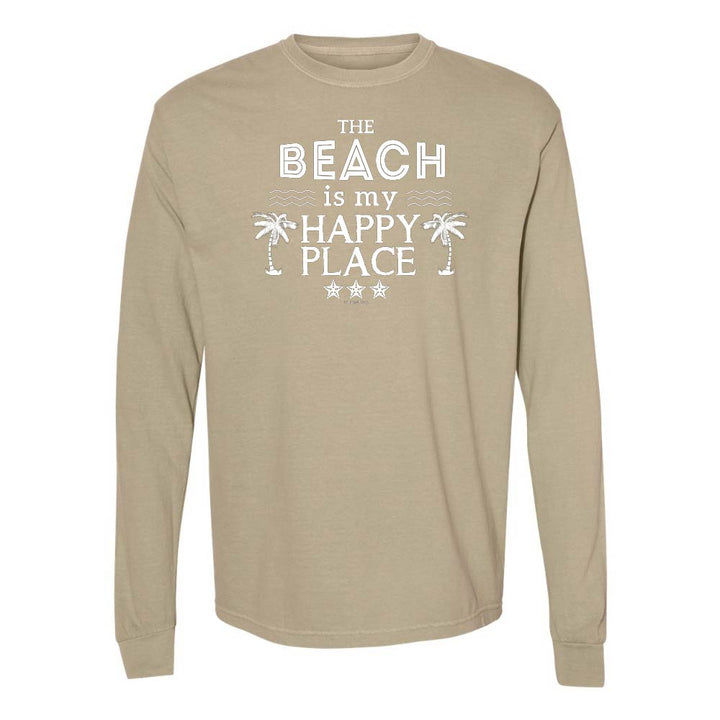 Khaki Long Sleeve T-Shirt with Graphic and Text reading "The Beach Is My Happy Place".
