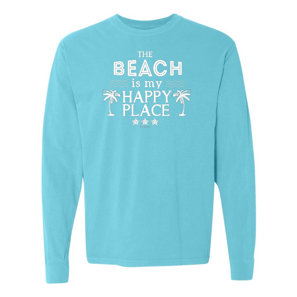 Light Blue Long Sleeve T-Shirt with Graphic and Text reading "The Beach Is My Happy Place".
