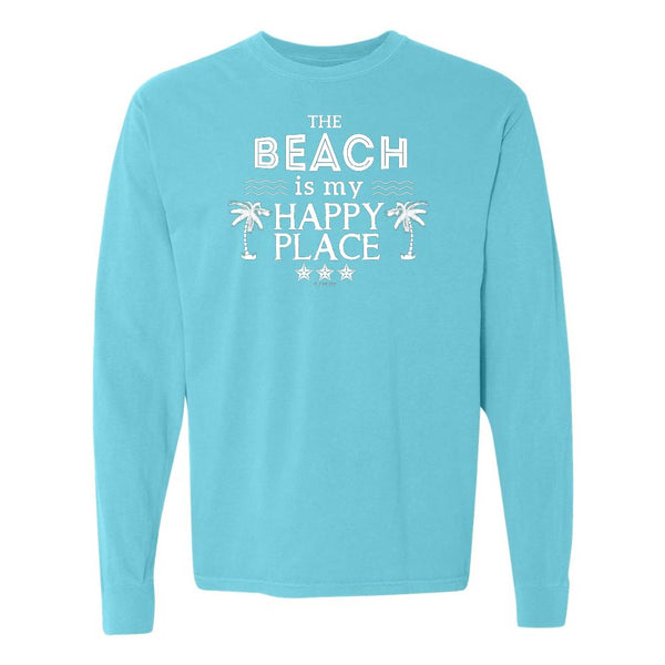 Light Blue Long Sleeve T-Shirt with Graphic and Text reading "The Beach Is My Happy Place".