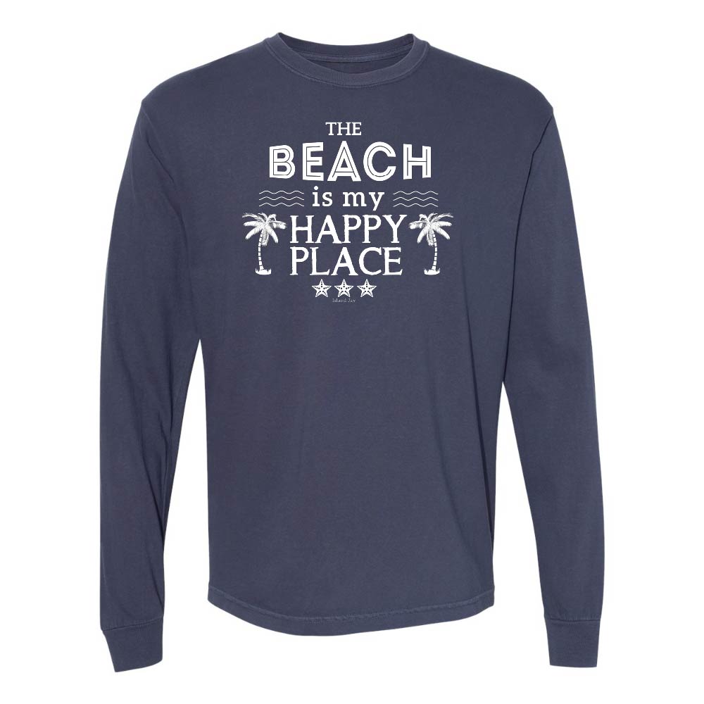Navy Long Sleeve T-Shirt with Graphic and Text reading "The Beach Is My Happy Place".