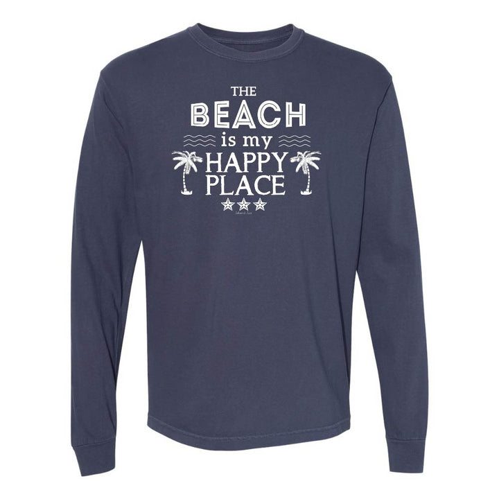 Navy Long Sleeve T-Shirt with Graphic and Text reading "The Beach Is My Happy Place".