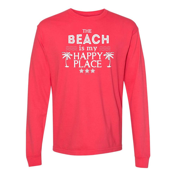 Red Long Sleeve T-Shirt with Graphic and Text reading "The Beach Is My Happy Place".