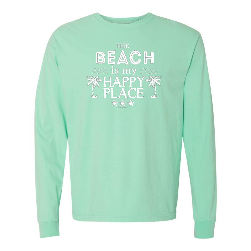 Light green Long Sleeve T-Shirt with Graphic and Text reading "The Beach Is My Happy Place".