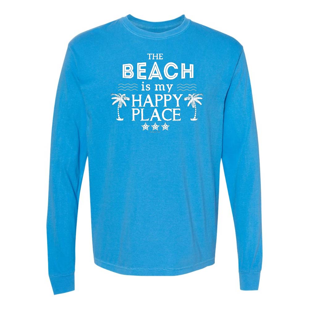 Blue Long Sleeve T-Shirt with Graphic and Text reading "The Beach Is My Happy Place".