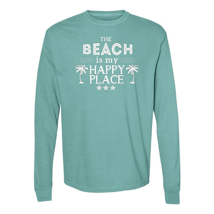 Teal Long Sleeve T-Shirt with Graphic and Text reading "The Beach Is My Happy Place".