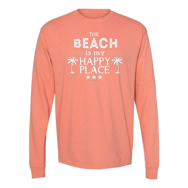 Light orange Long Sleeve T-Shirt with Graphic and Text reading "The Beach Is My Happy Place".