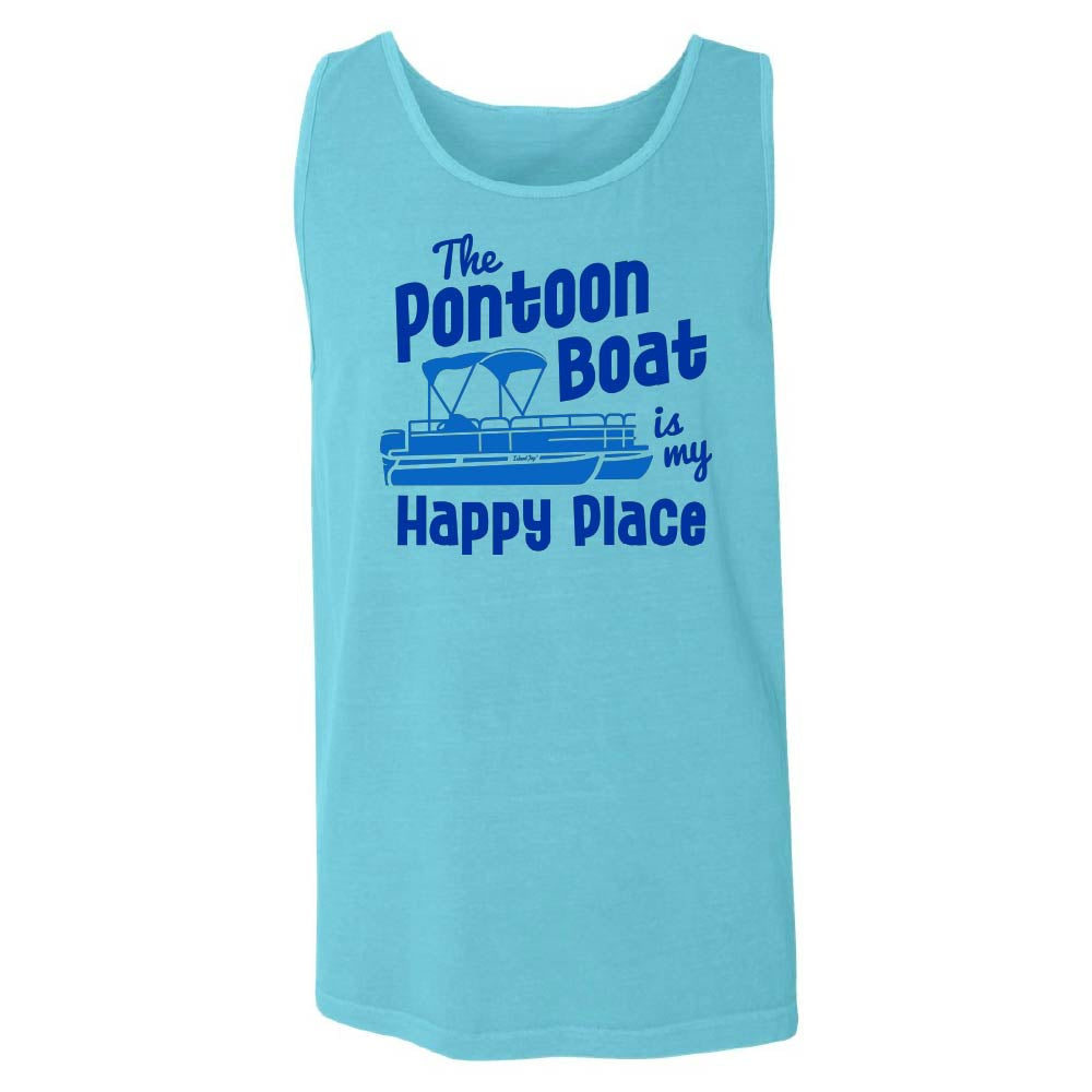 Blue tank top with blue text reading "The Pontoon Boat Is My Happy Place" and pontoon boat graphic.