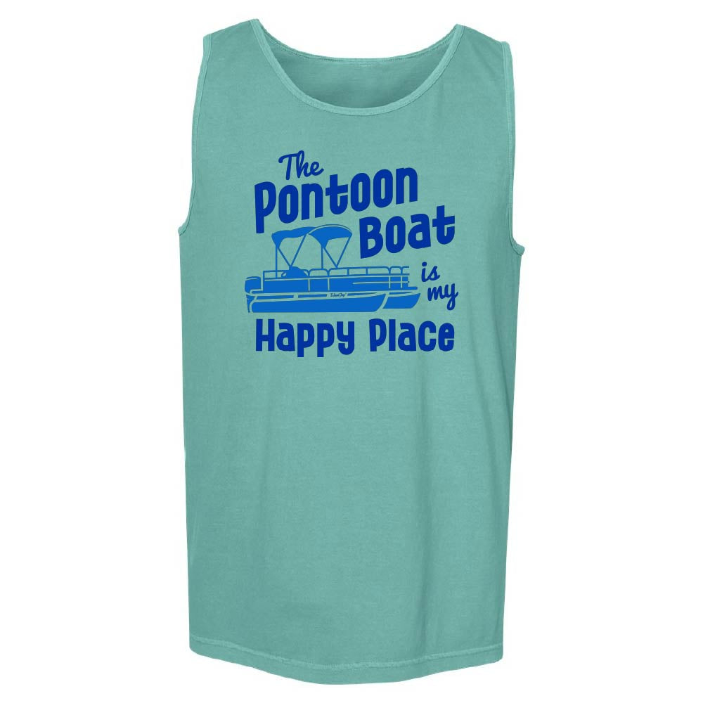 Teal tank top with blue text reading "The Pontoon Boat Is My Happy Place" and pontoon boat graphic.