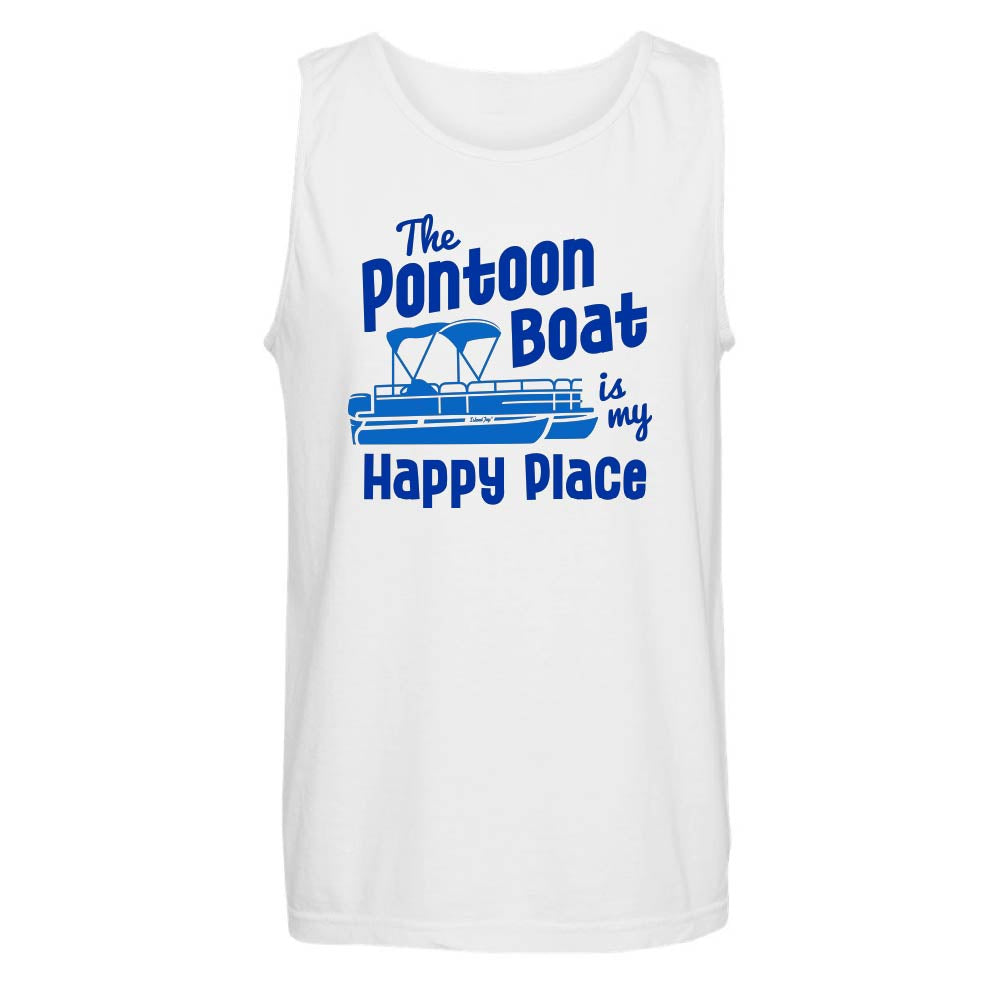 White tank top with blue text reading "The Pontoon Boat Is My Happy Place" and pontoon boat graphic.