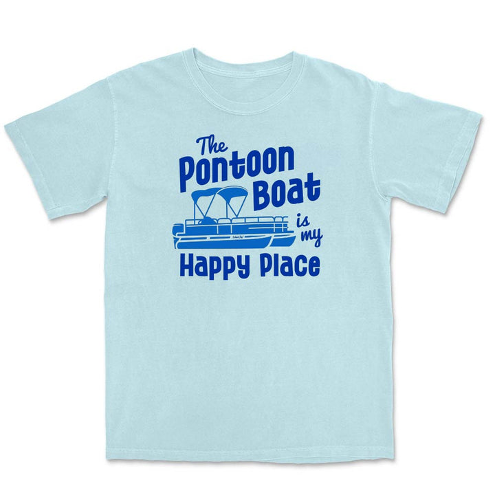 Light blue t-shirt with blue text and pontoon boat graphic on a white background