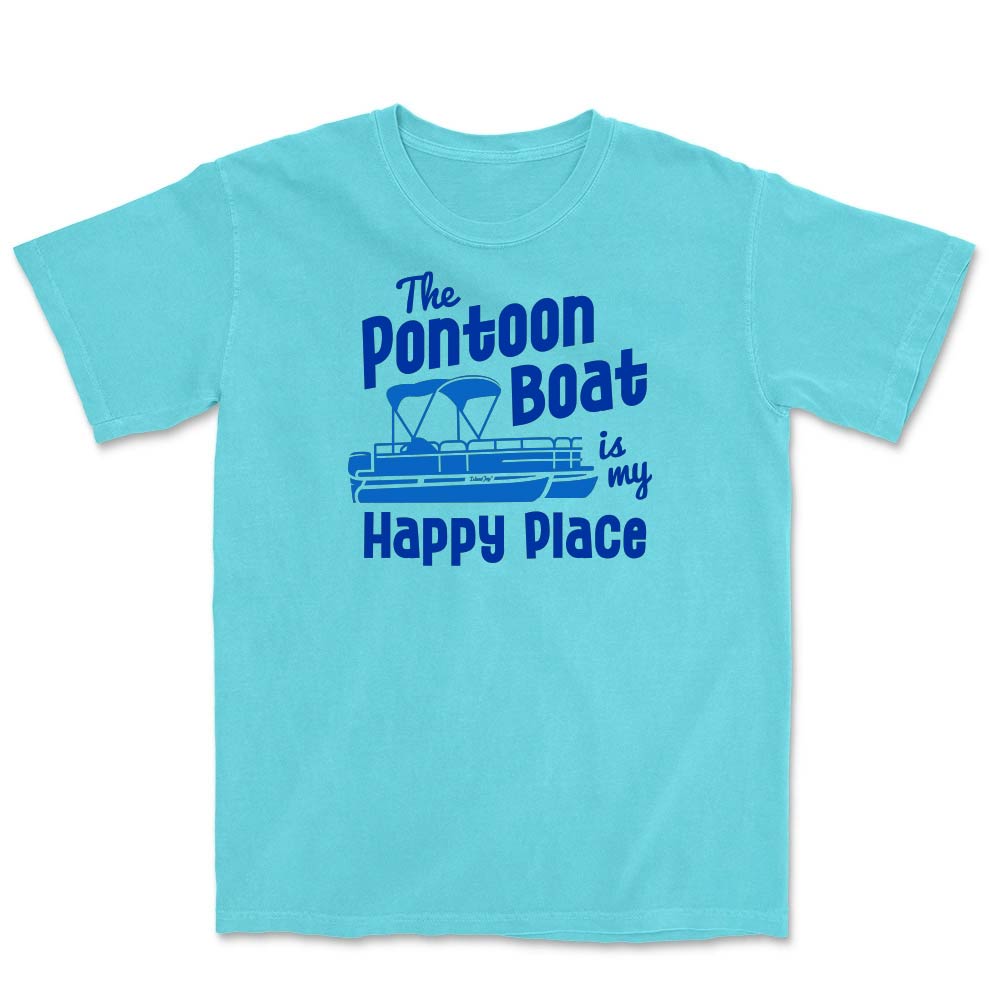Light blue t-shirt with blue text and pontoon boat graphic on a white background