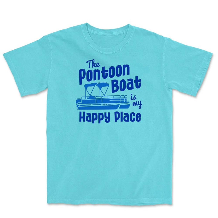 Light blue t-shirt with blue text and pontoon boat graphic on a white background
