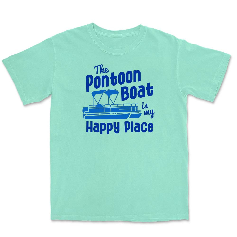 Mint green t-shirt with blue graphic and text on a white background