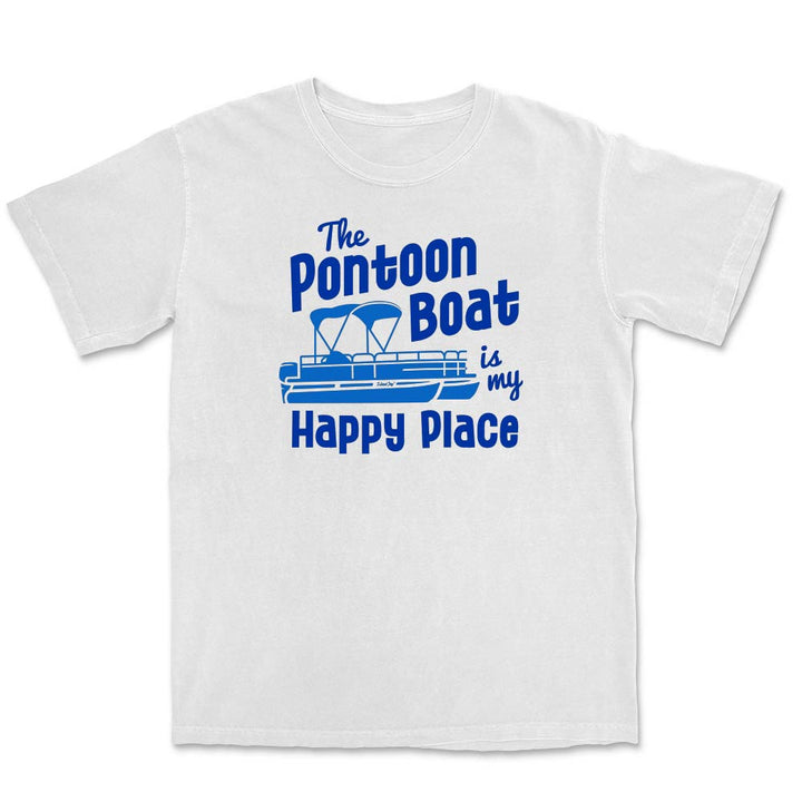 White t-shirt with blue text and pontoon boat graphic on a white background