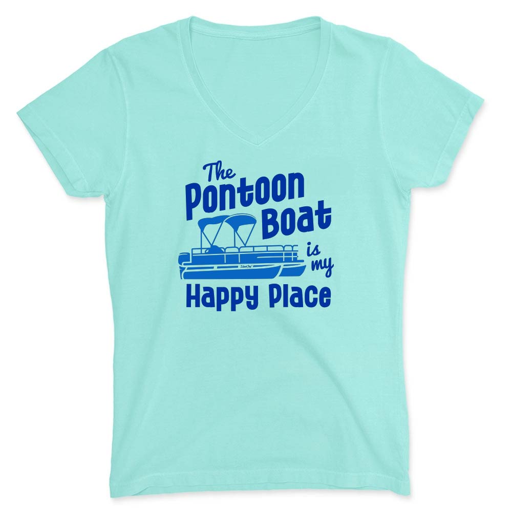 Light green v-neck t-shirt with blue text and pontoon boat graphic.