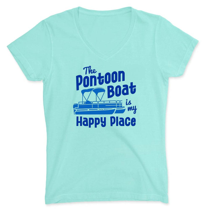 Light green v-neck t-shirt with blue text and pontoon boat graphic.