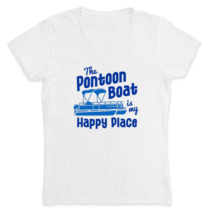 White v-neck t-shirt with blue text and pontoon boat graphic.