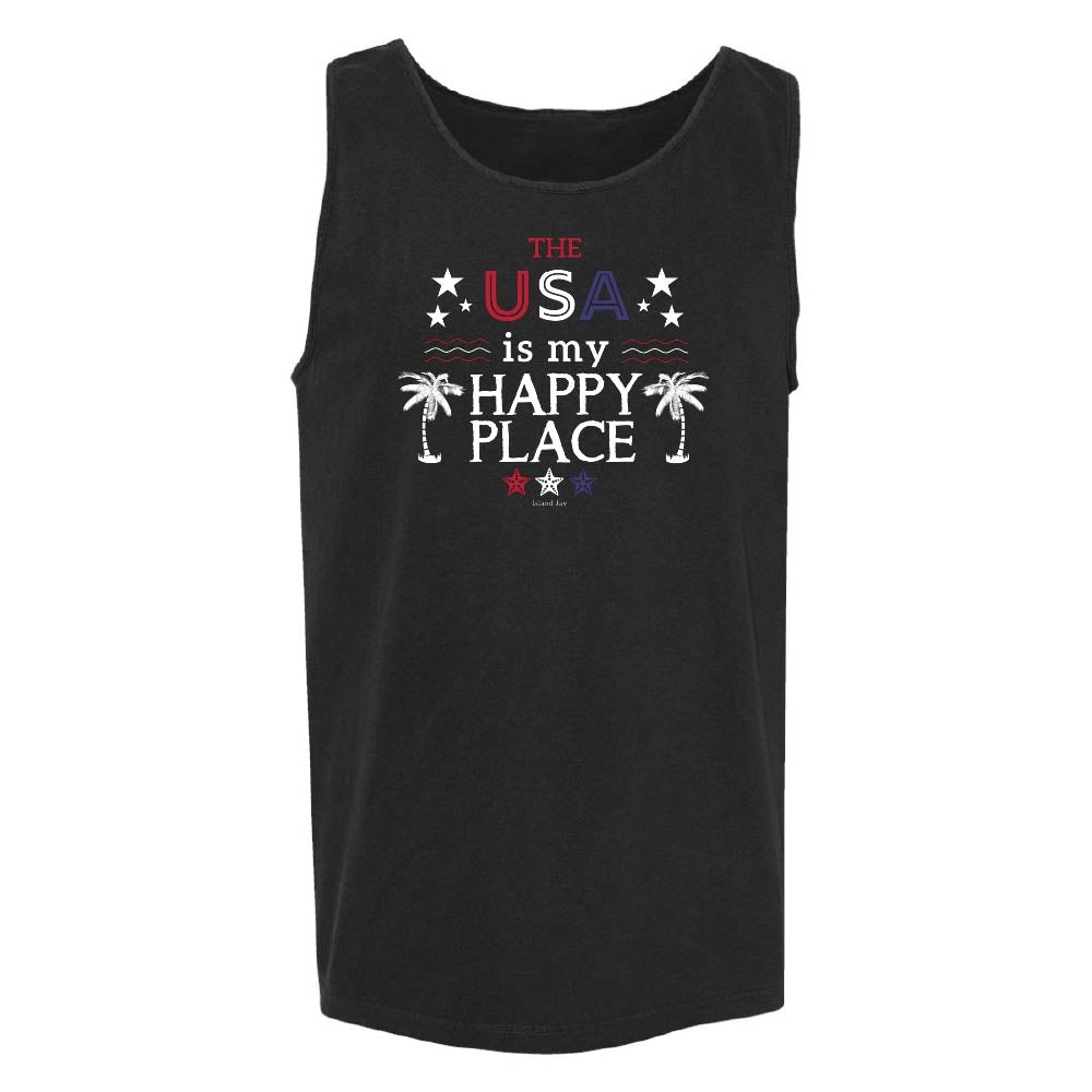 Black tank top with 'The USA is my happy place' text and palm tree graphics.