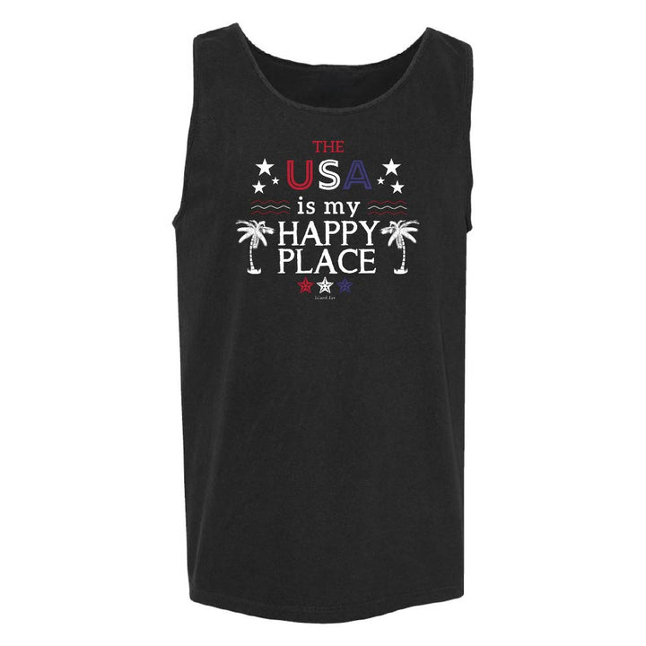 Black tank top with 'The USA is my happy place' text and palm tree graphics.