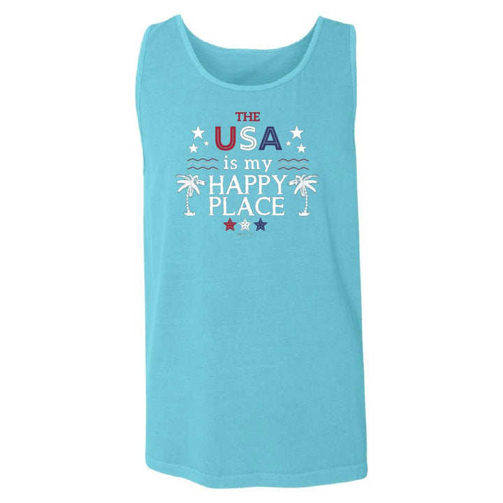 Blue tank top with 'The USA is my happy place' text and palm tree graphics.