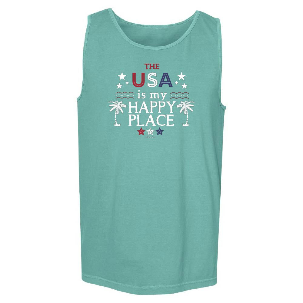 Teal tank top with 'The USA is my happy place' text and palm tree graphics.