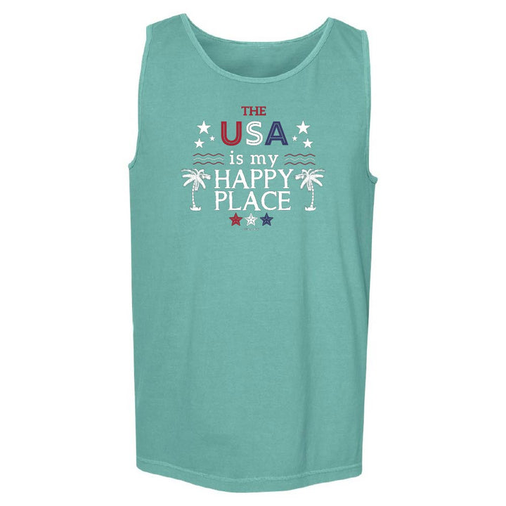 Teal tank top with 'The USA is my happy place' text and palm tree graphics.