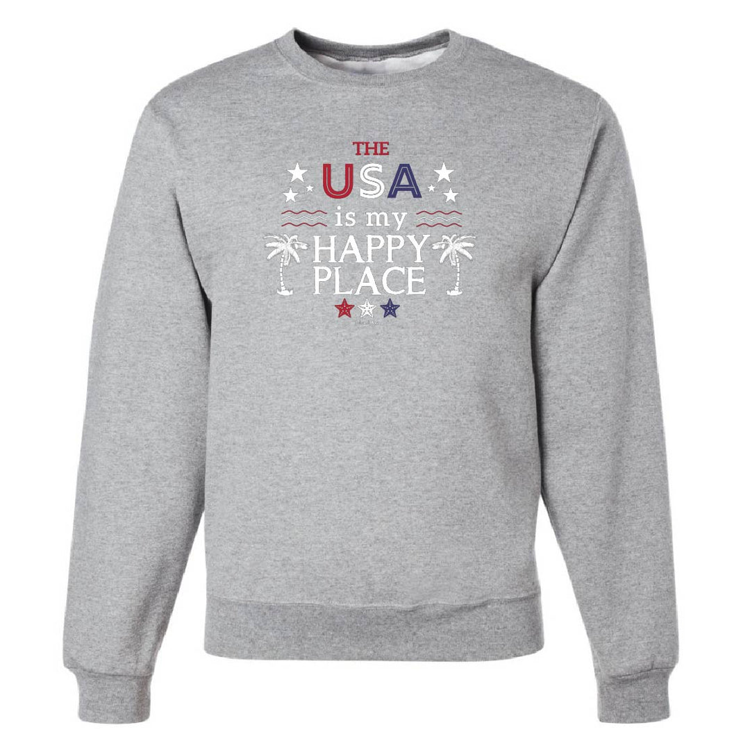 Gray sweatshirt with 'The USA is my Happy Place' text and graphics on a white background
