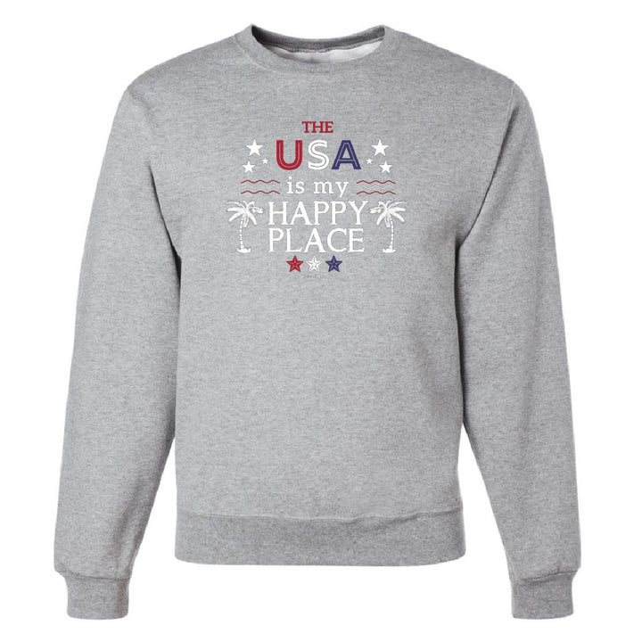 Gray sweatshirt with 'The USA is my Happy Place' text and graphics on a white background