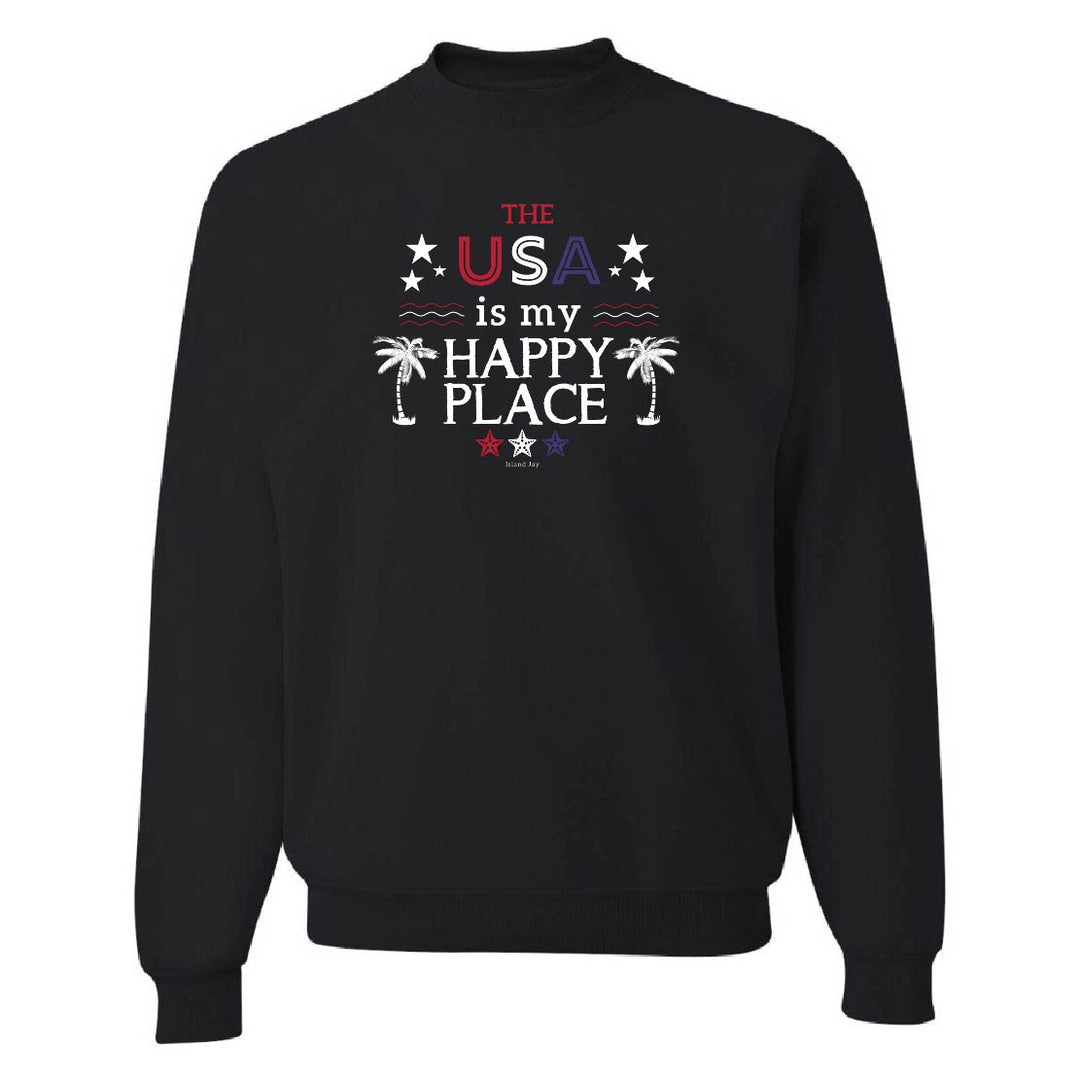 Black sweatshirt with 'The USA is my happy place' text and palm tree design on a white background