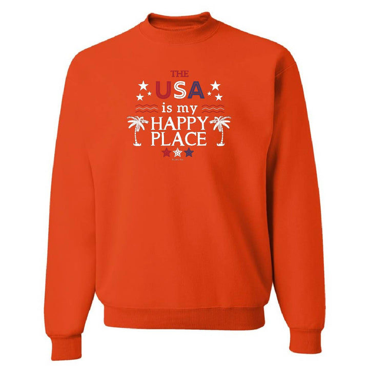 Orange sweatshirt with 'The USA is my happy place' text and graphics on a white background