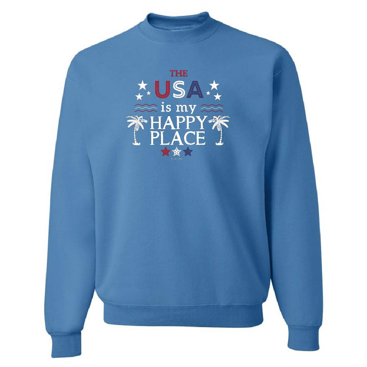 Blue sweatshirt with 'The USA is my Happy Place' text and graphics on a white background