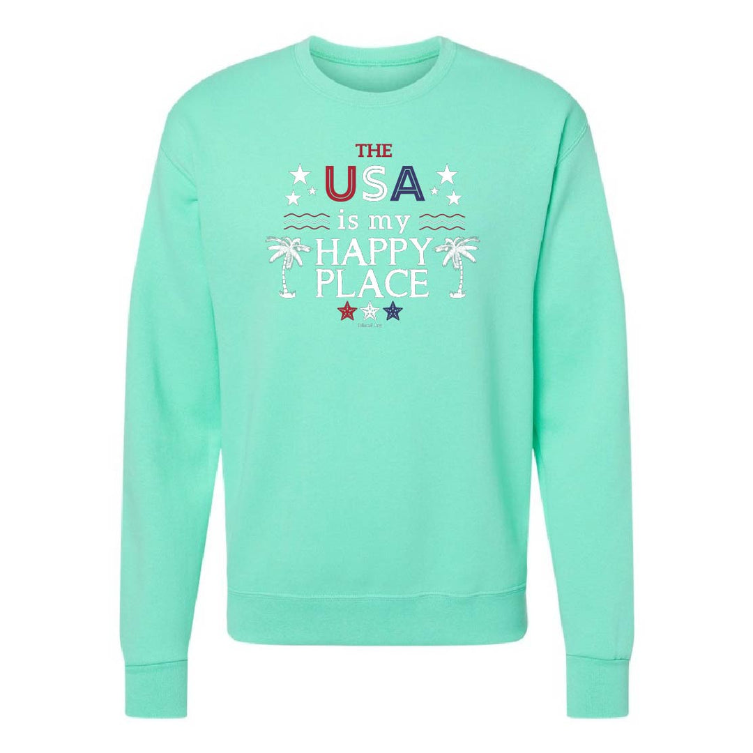 Mint green sweatshirt with 'The USA is my happy place' text on a white background