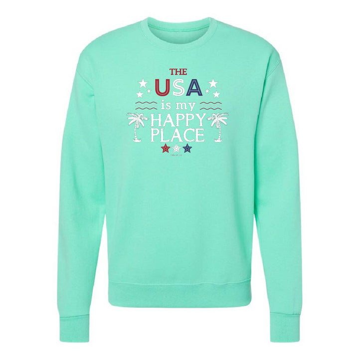 Mint green sweatshirt with 'The USA is my happy place' text on a white background