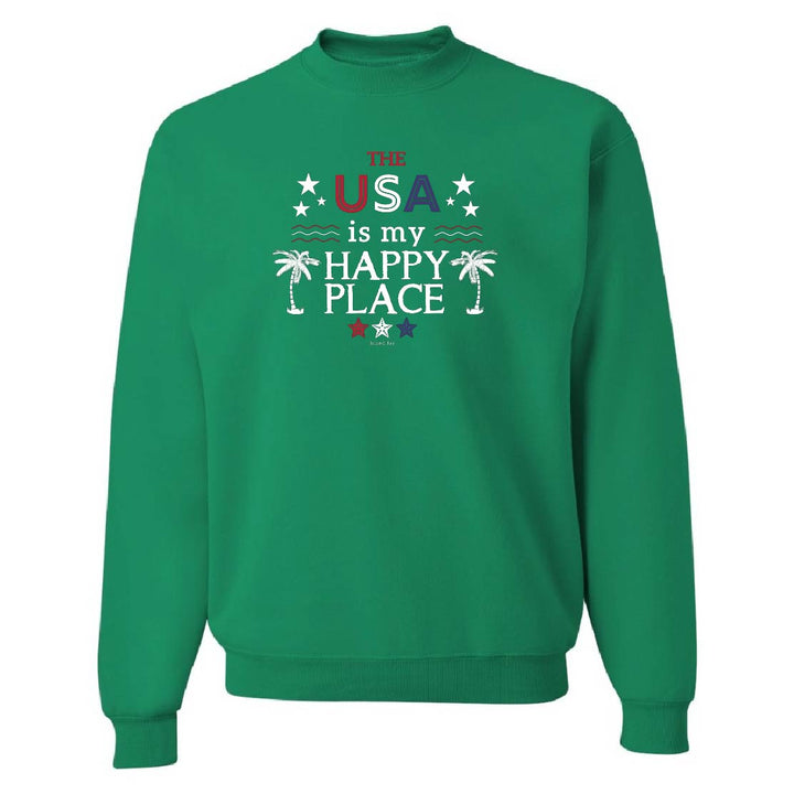 Green sweatshirt with 'The USA is my Happy Place' text and graphics on a white background
