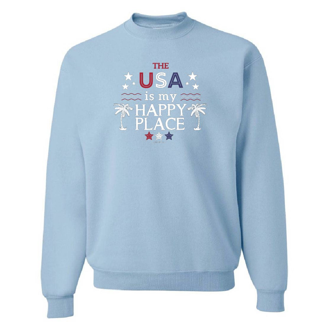Light blue sweatshirt with 'The USA is my happy place' text on a white background