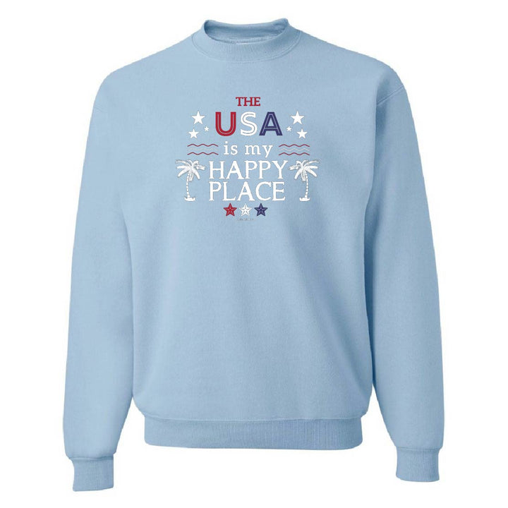 Light blue sweatshirt with 'The USA is my happy place' text on a white background