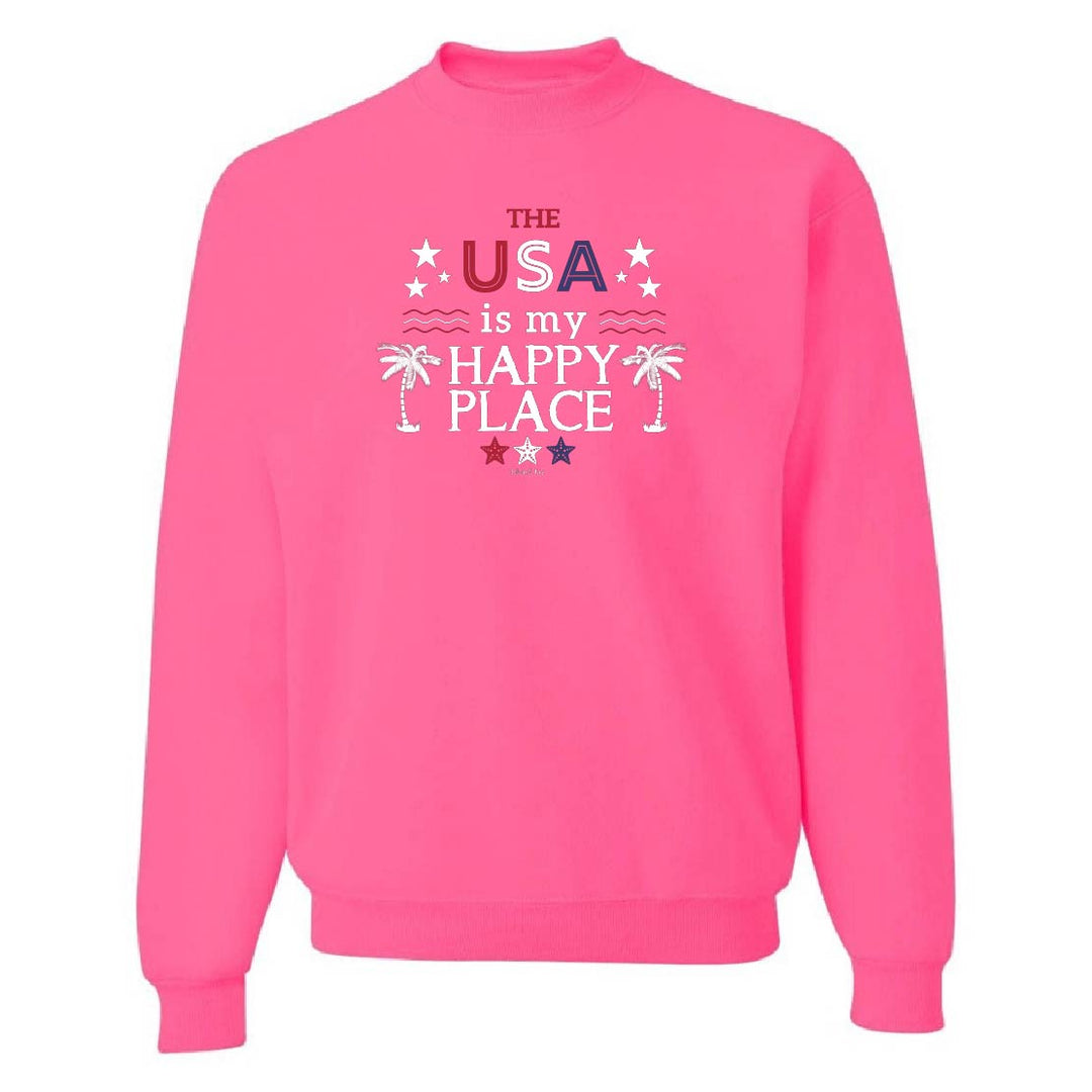 Pink sweatshirt with 'The USA is my happy place' text and graphics on a white background