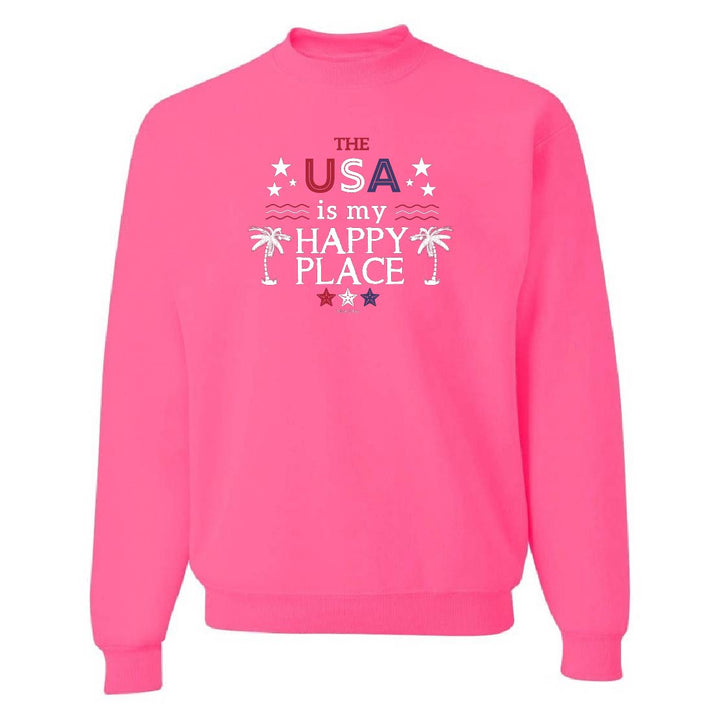 Pink sweatshirt with 'The USA is my happy place' text and graphics on a white background