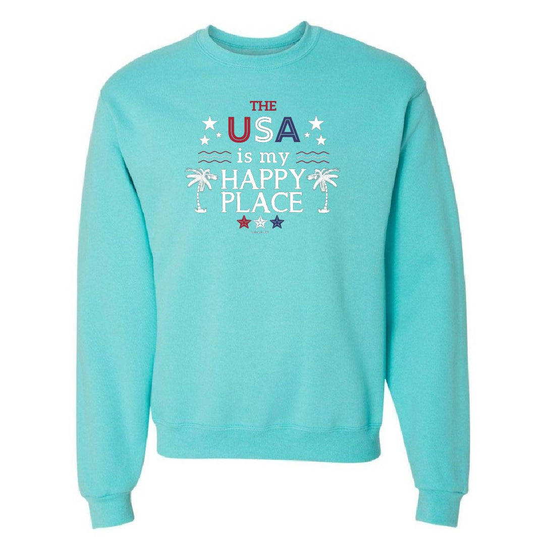 Turquoise sweatshirt with 'The USA is my happy place' text on a white background