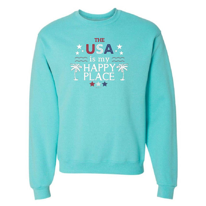 Turquoise sweatshirt with 'The USA is my happy place' text on a white background