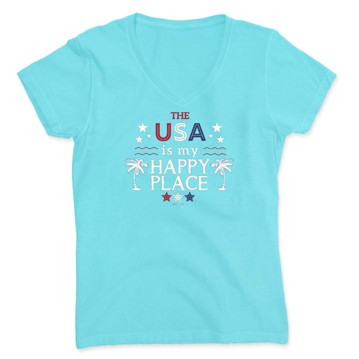 Light blue t-shirt with 'The USA is my happy place' text and graphics on a white background