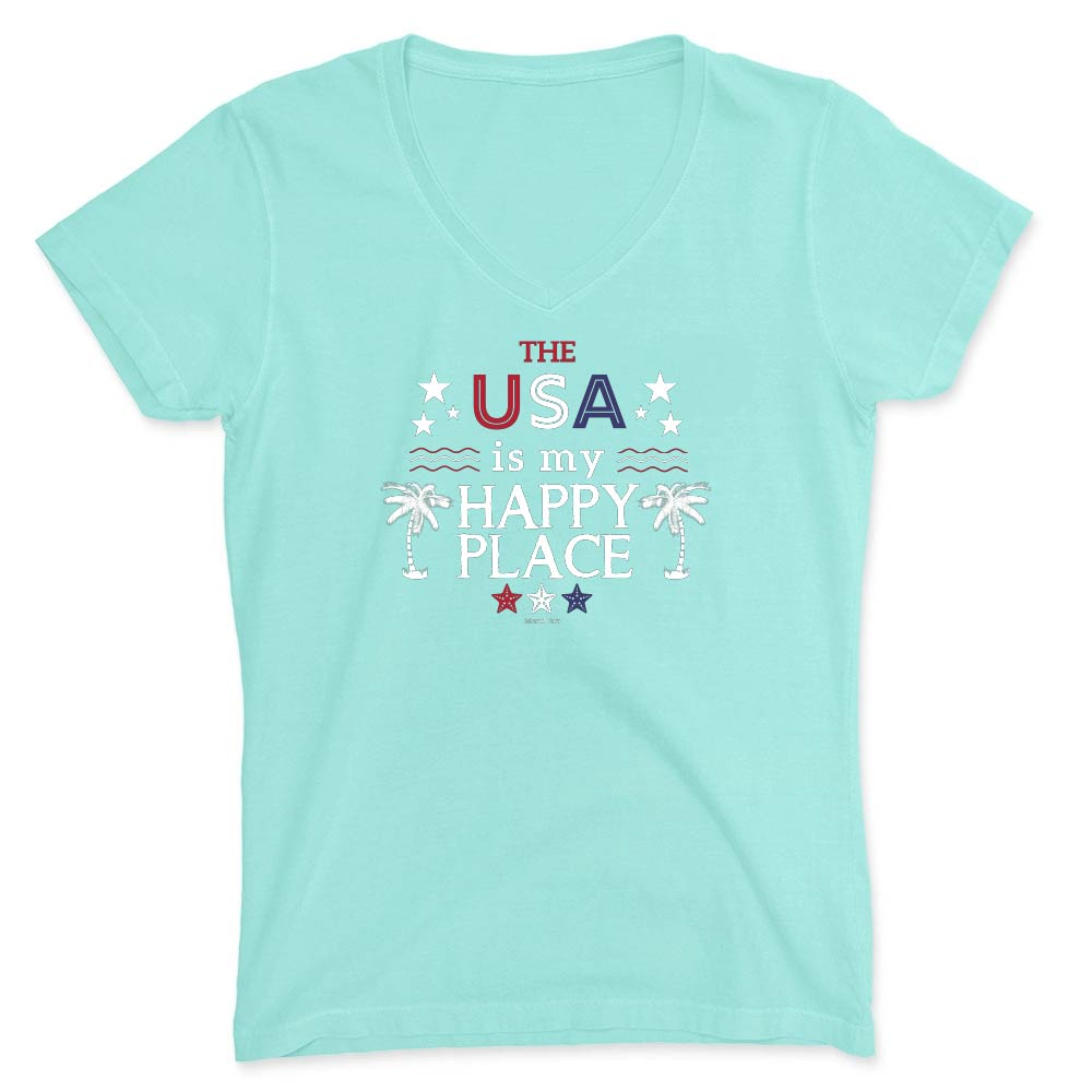 Light blue t-shirt with 'The USA is my happy place' text on a white background