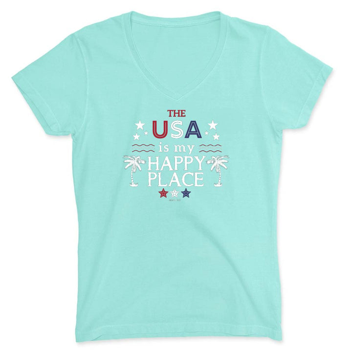 Light blue t-shirt with 'The USA is my happy place' text on a white background