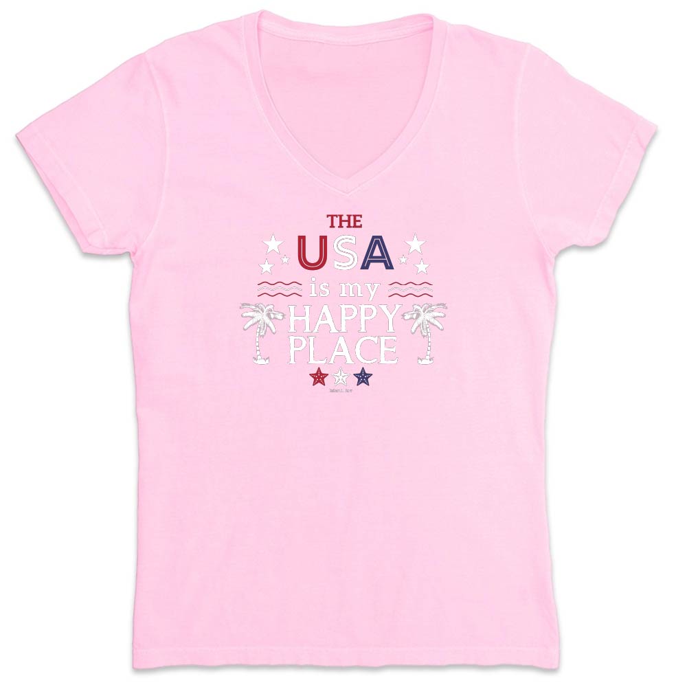 Pink t-shirt with 'The USA is my happy place' text on a white background