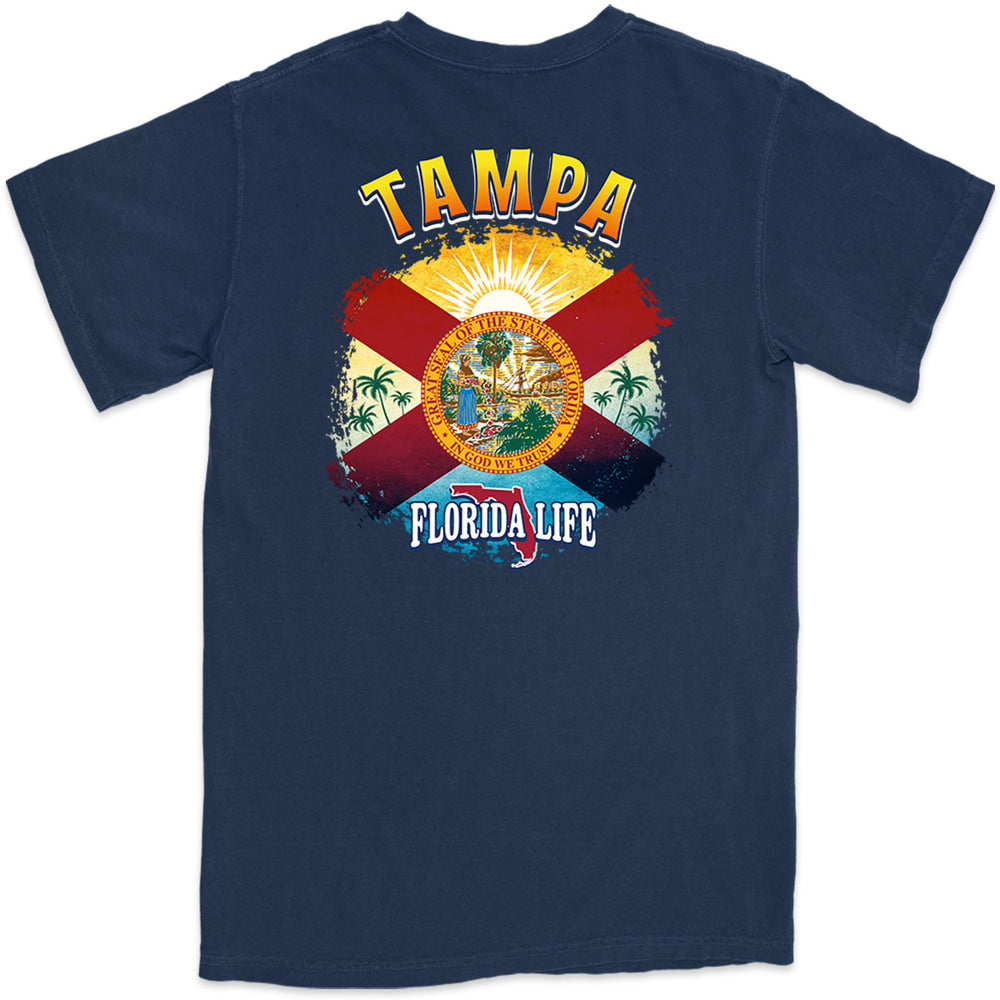 Tampa Florida State Flag T-Shirt Navy. Features a vivis big print of the Florida State Flag with Tampa on it.